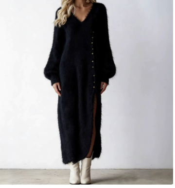 Chic Split Knitted Maxi Dress with Buttons, V-Neck Fleece