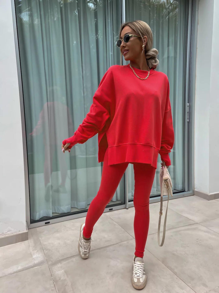 Casual Jumper Suit, Loose Crew Neck Split Top and Tight Trousers