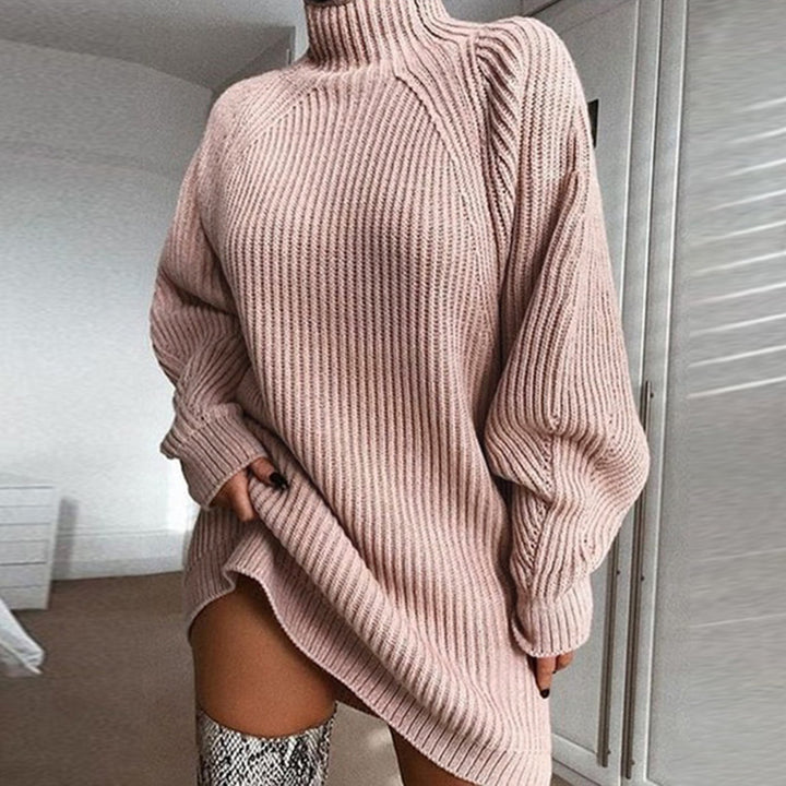 Warm Polo Neck Jumper Dress, Long Solid Colour Winter Knit
