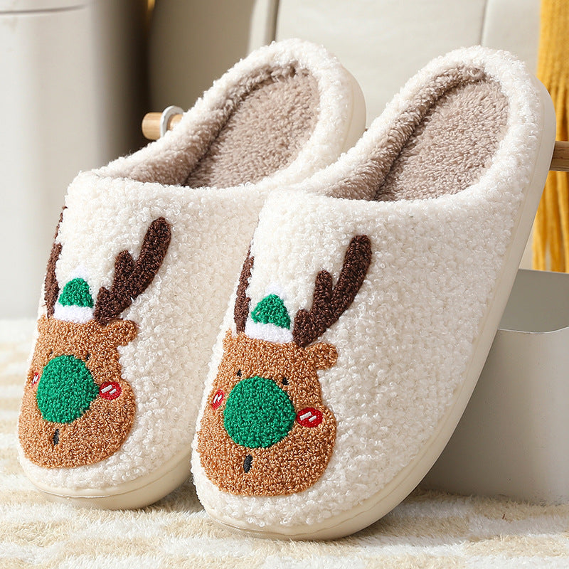 Christmas Elk Plush Slippers, Soft Cosy Slip-On House Shoes