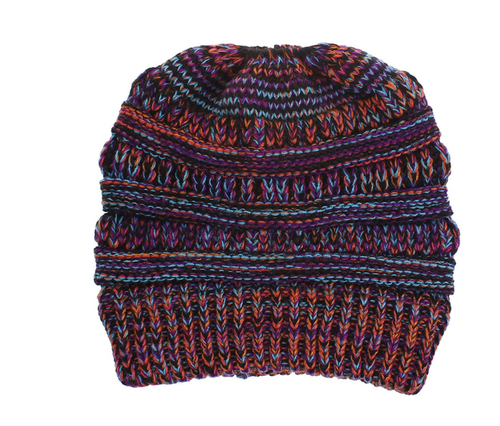 Mixed Colour Knitted Ponytail Beanie For Women, 56-58cm