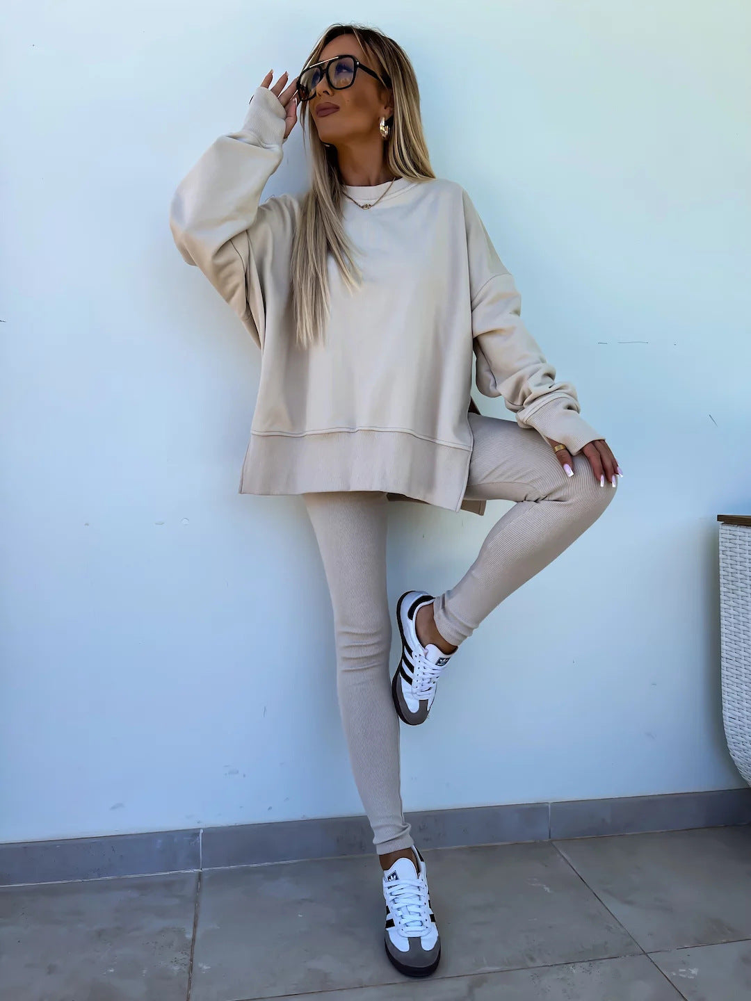 Casual Jumper Suit, Loose Crew Neck Split Top and Tight Trousers