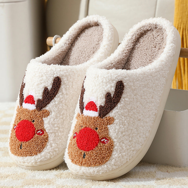 Christmas Elk Plush Slippers, Soft Cosy Slip-On House Shoes