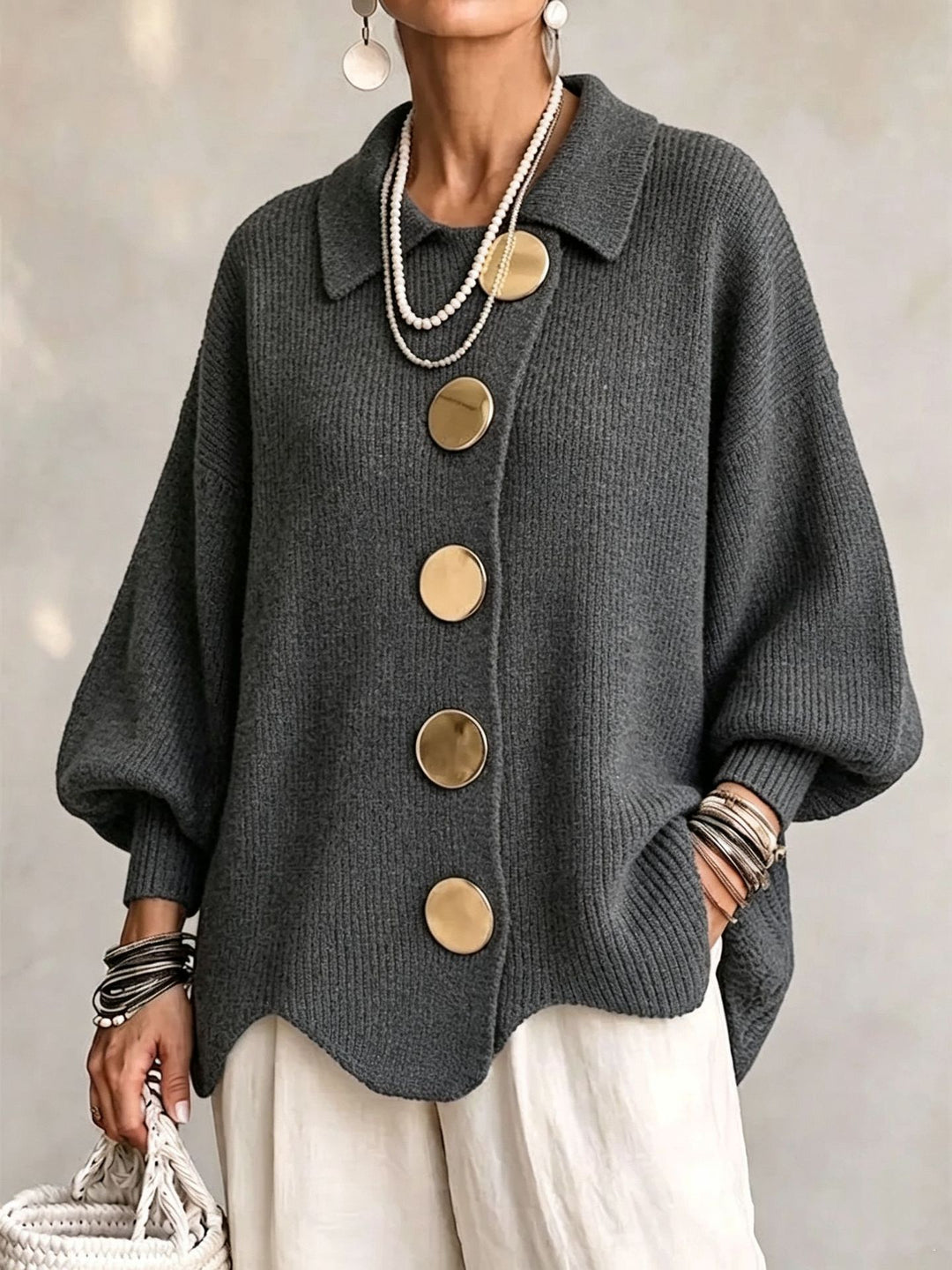 Button-Up Knit Cardigan with Lapel, Loose Fit Long Sleeve