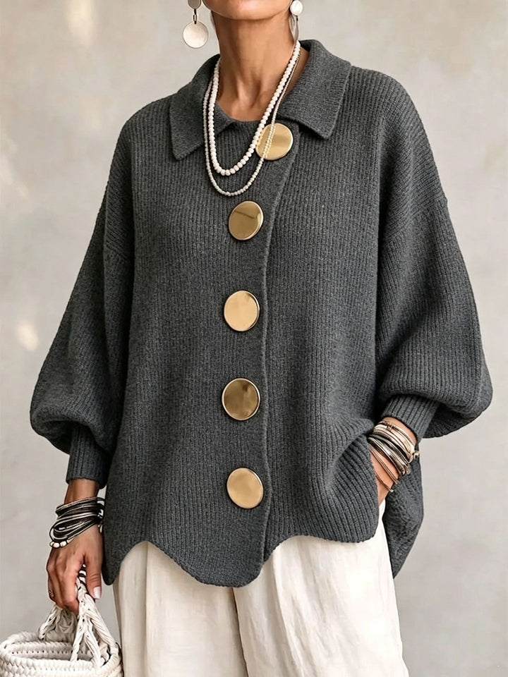 Button-Up Knit Cardigan with Lapel, Loose Fit Long Sleeve