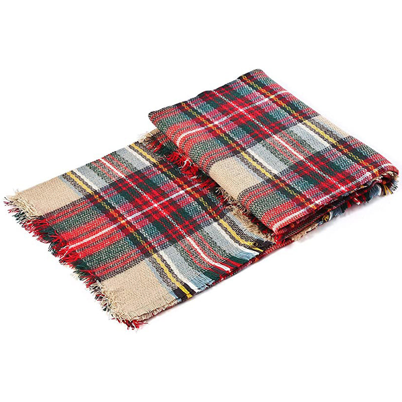 Brown Tartan Blanket Scarf, Oversized Tassel Shawl Wrap