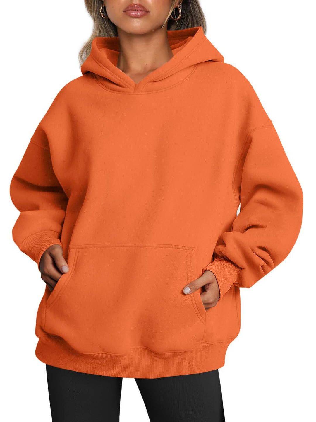 Woman in oversized fleece-lined hoodie