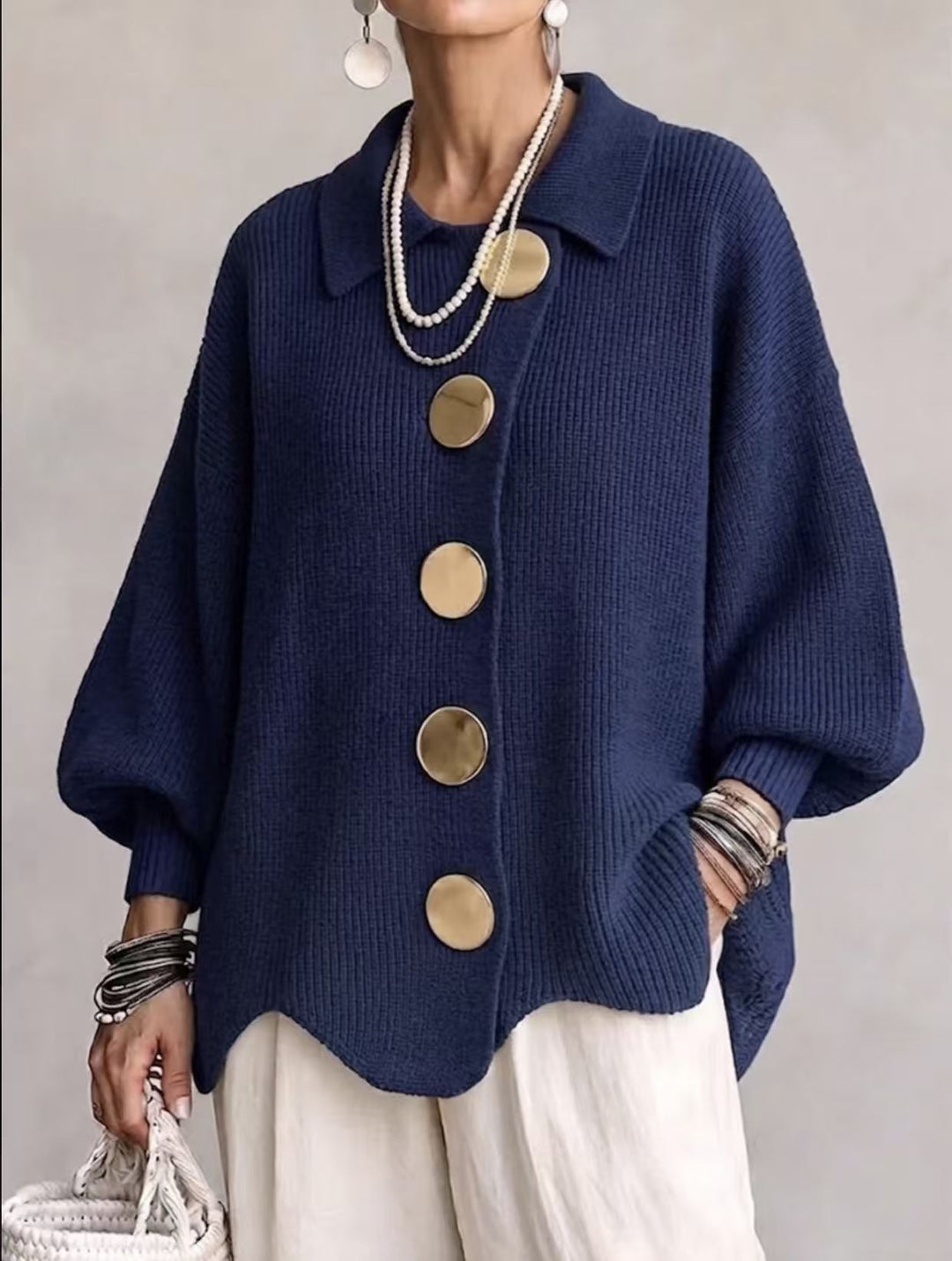 Button-Up Knit Cardigan with Lapel, Loose Fit Long Sleeve
