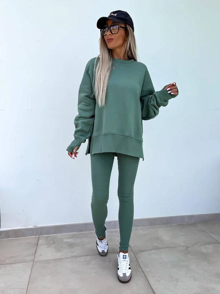 Casual Jumper Suit, Loose Crew Neck Split Top and Tight Trousers