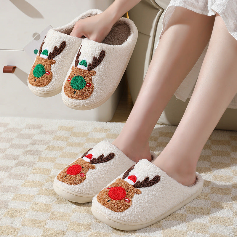 Christmas Elk Plush Slippers, Soft Cosy Slip-On House Shoes