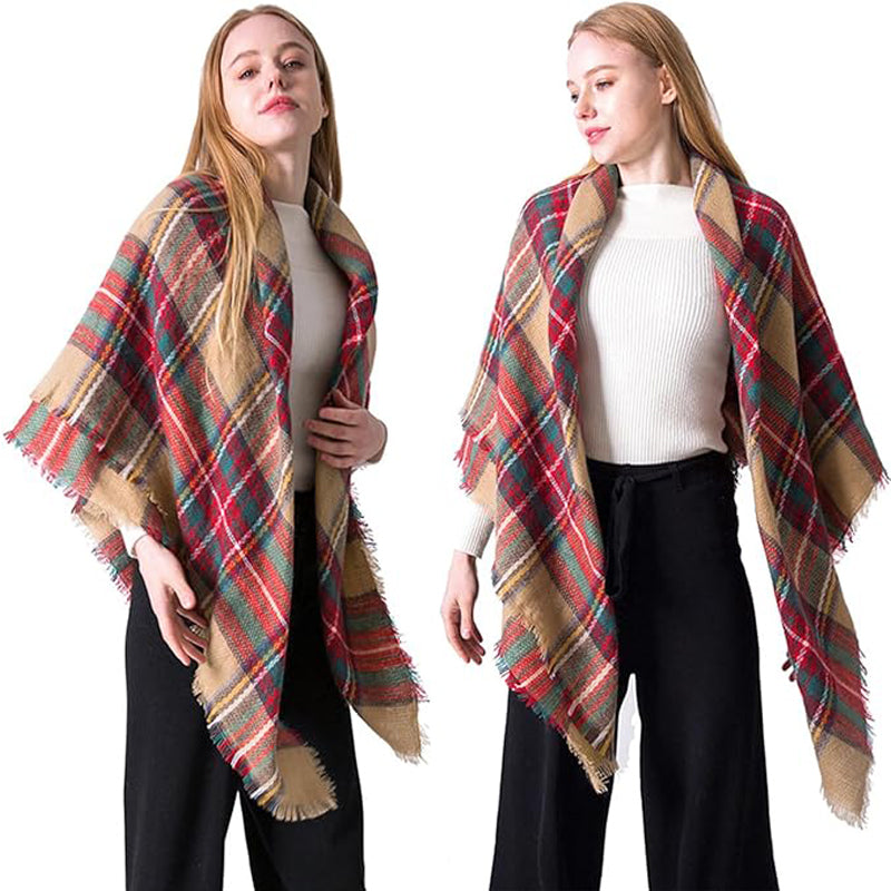 Brown Tartan Blanket Scarf, Oversized Tassel Shawl Wrap
