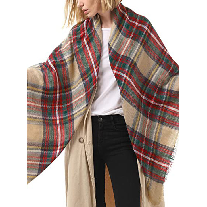 Brown Tartan Blanket Scarf, Oversized Tassel Shawl Wrap