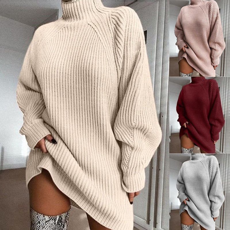 Warm Polo Neck Jumper Dress, Long Solid Colour Winter Knit