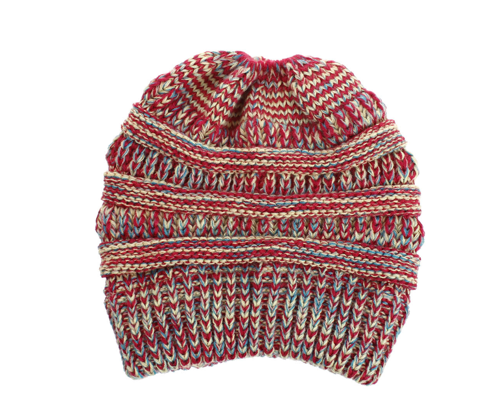 Mixed Colour Knitted Ponytail Beanie For Women, 56-58cm