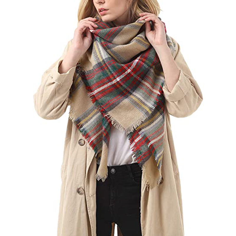 Brown Tartan Blanket Scarf, Oversized Tassel Shawl Wrap