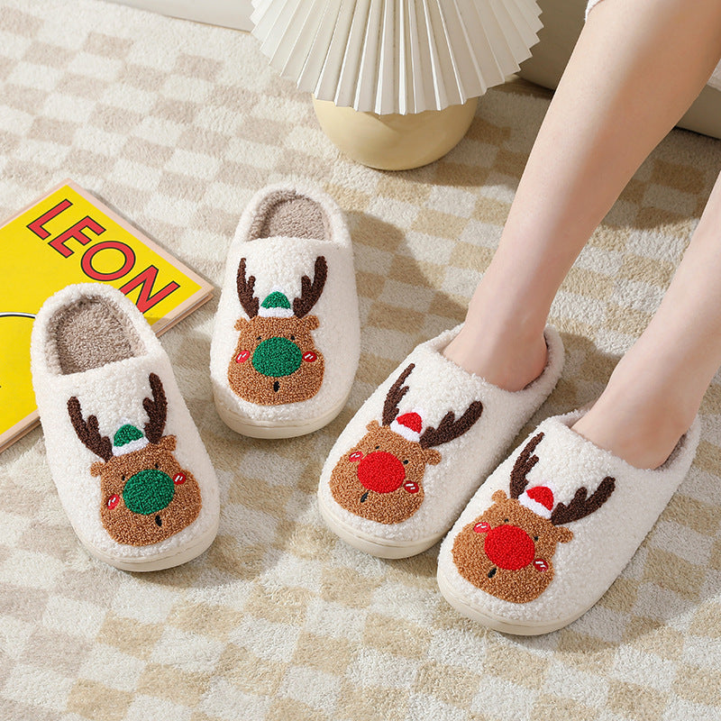Christmas Elk Plush Slippers, Soft Cosy Slip-On House Shoes
