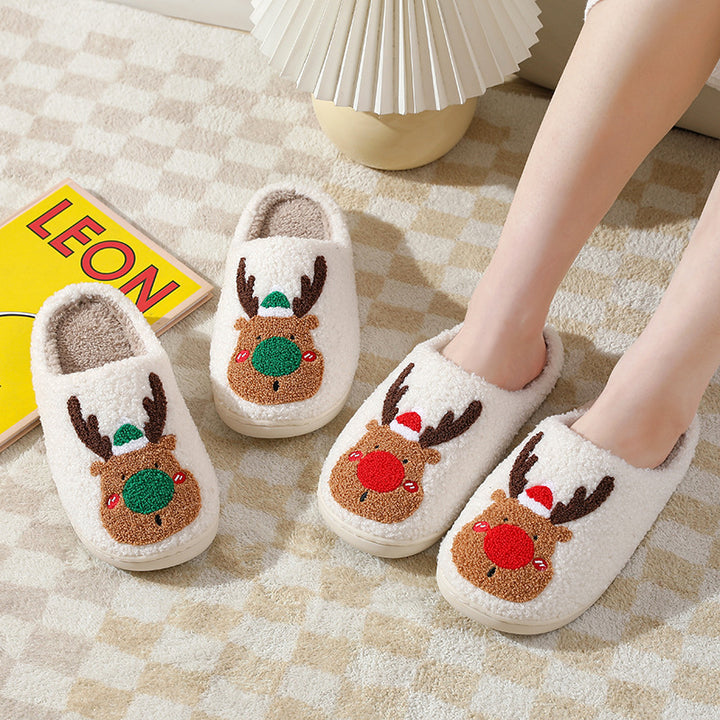 Christmas Elk Plush Slippers, Soft Cosy Slip-On House Shoes