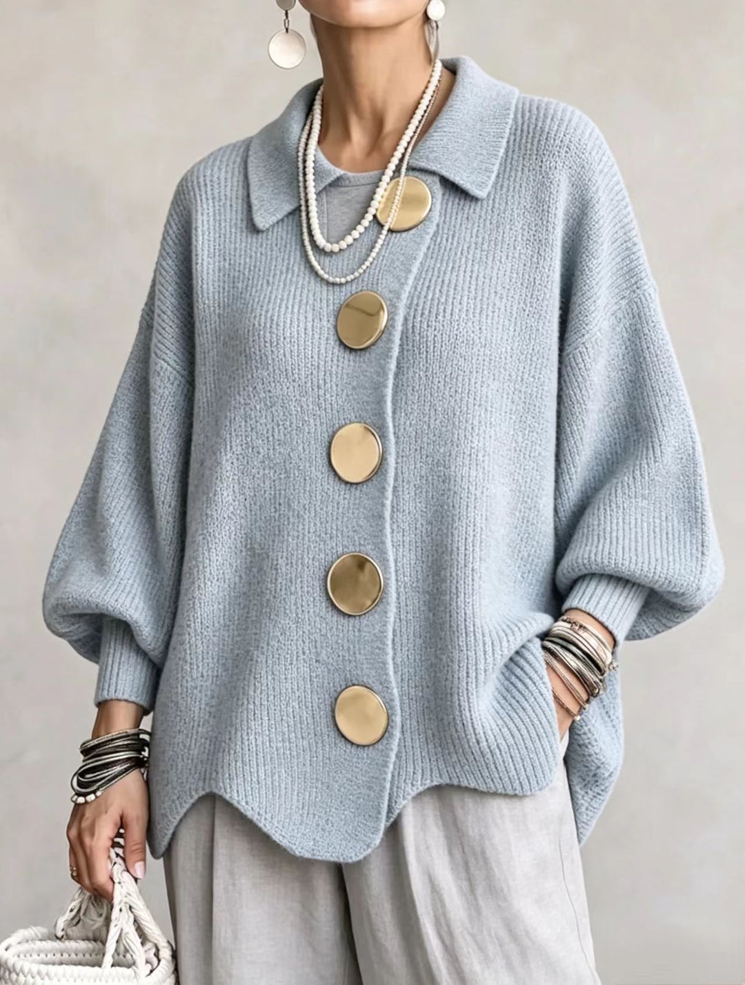 Button-Up Knit Cardigan with Lapel, Loose Fit Long Sleeve