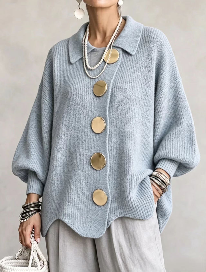 Button-Up Knit Cardigan with Lapel, Loose Fit Long Sleeve