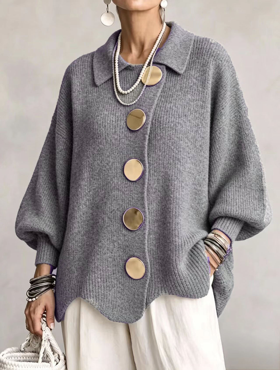 Button-Up Knit Cardigan with Lapel, Loose Fit Long Sleeve