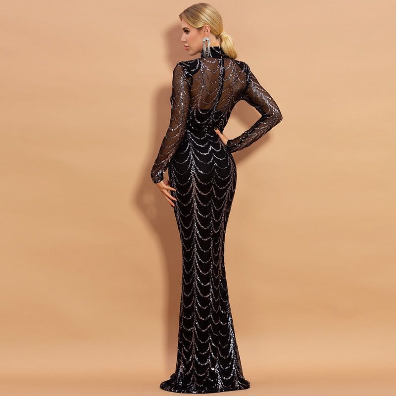 Sequin Long Sleeve Maxi Dress for Women, Party Evening Gown