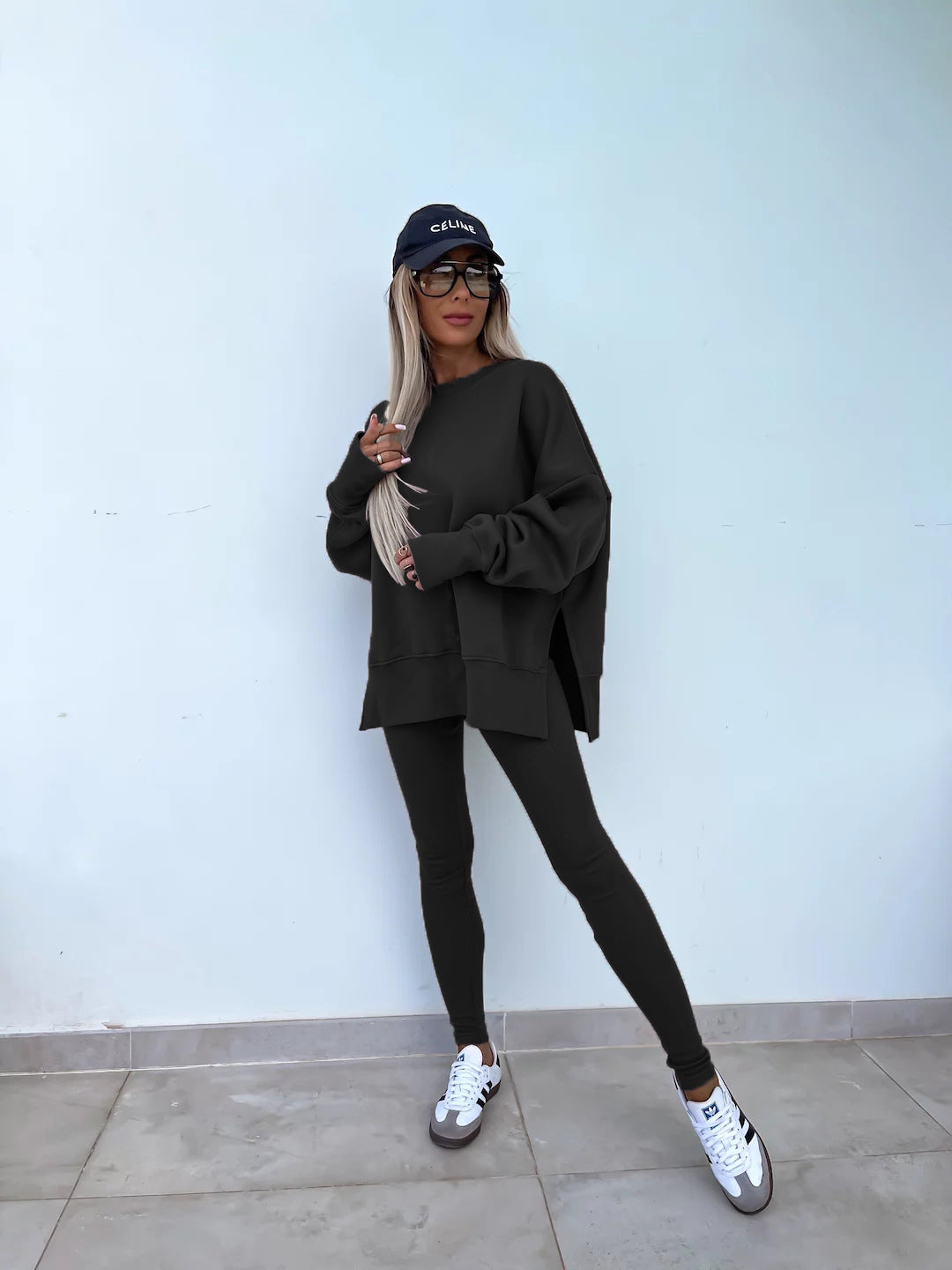 Casual Jumper Suit, Loose Crew Neck Split Top and Tight Trousers