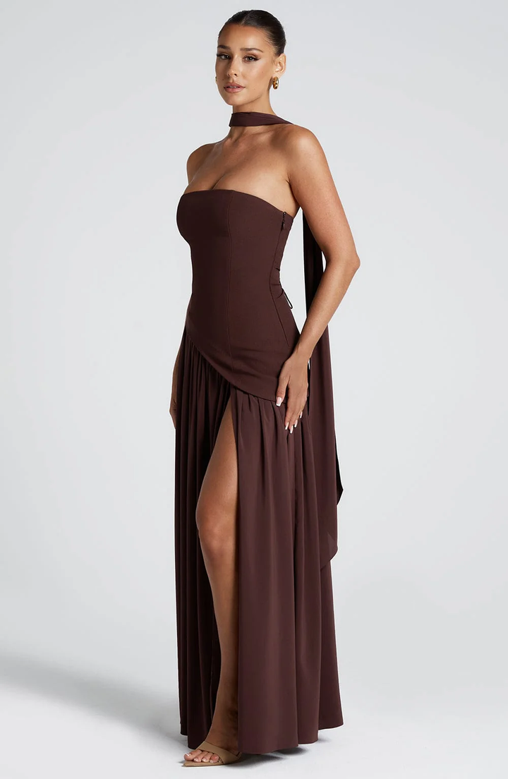 Crimson Allure | Strapless Maxi Gown with Matching Scarf
