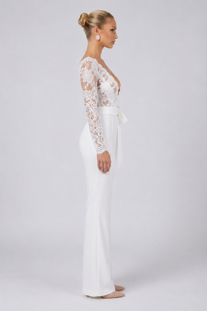 Elara | Deep V-Neck Floral Lace Jumpsuit with Tailored Wide-Leg Fit