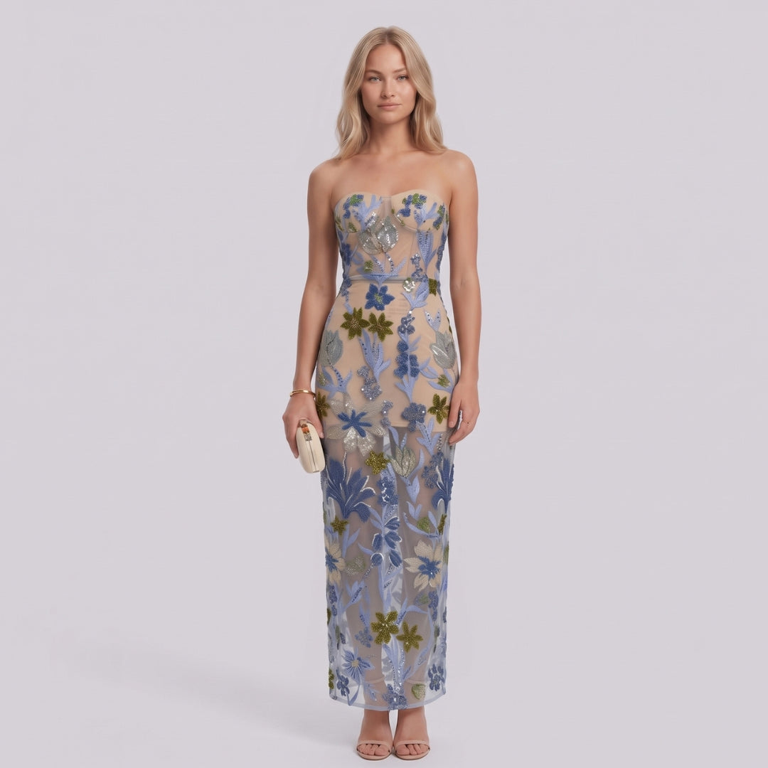 Elara | Strapless Floral Sequin Maxi Dress