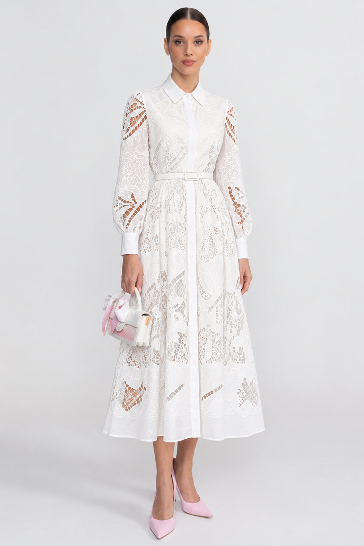 Faye | Lace Short Sleeve Belted Midi Dress
