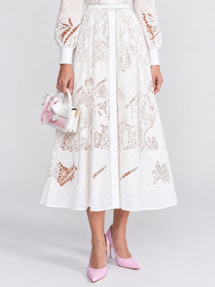 Faye | Lace Short Sleeve Belted Midi Dress