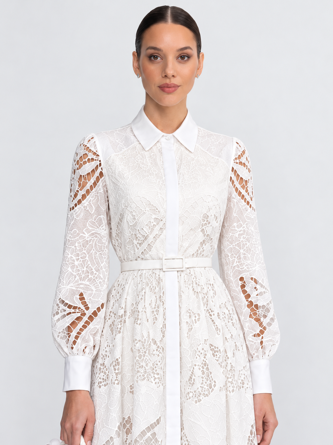Faye | Lace Short Sleeve Belted Midi Dress