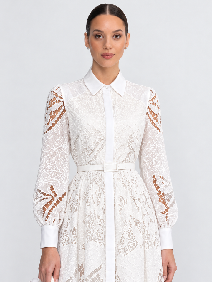 Faye | Lace Short Sleeve Belted Midi Dress