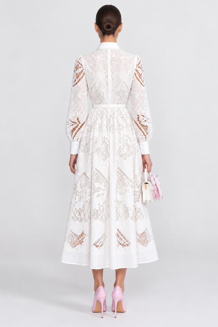 Faye | Lace Short Sleeve Belted Midi Dress
