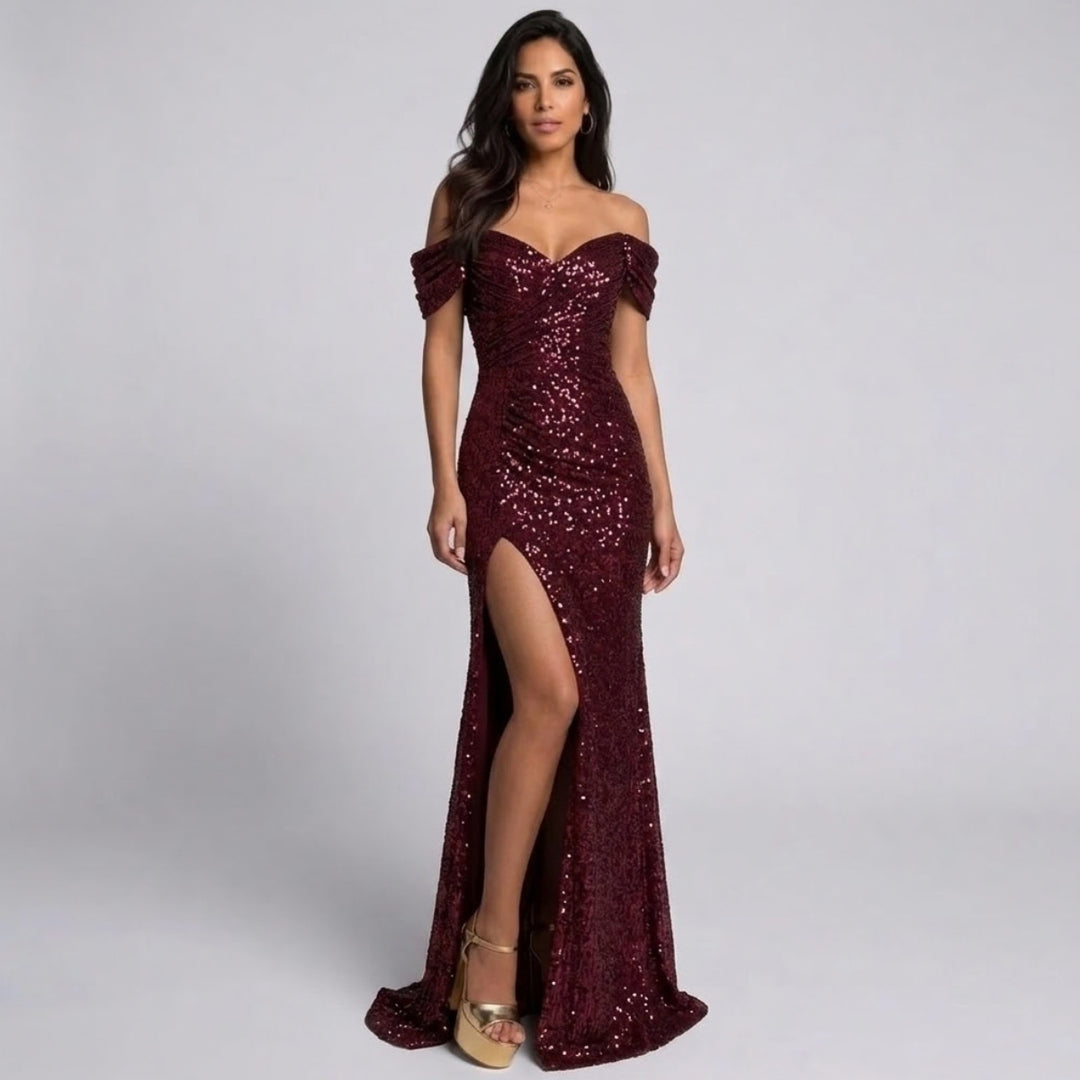 Naia | Off-Shoulder Sequin Split Maxi Dress