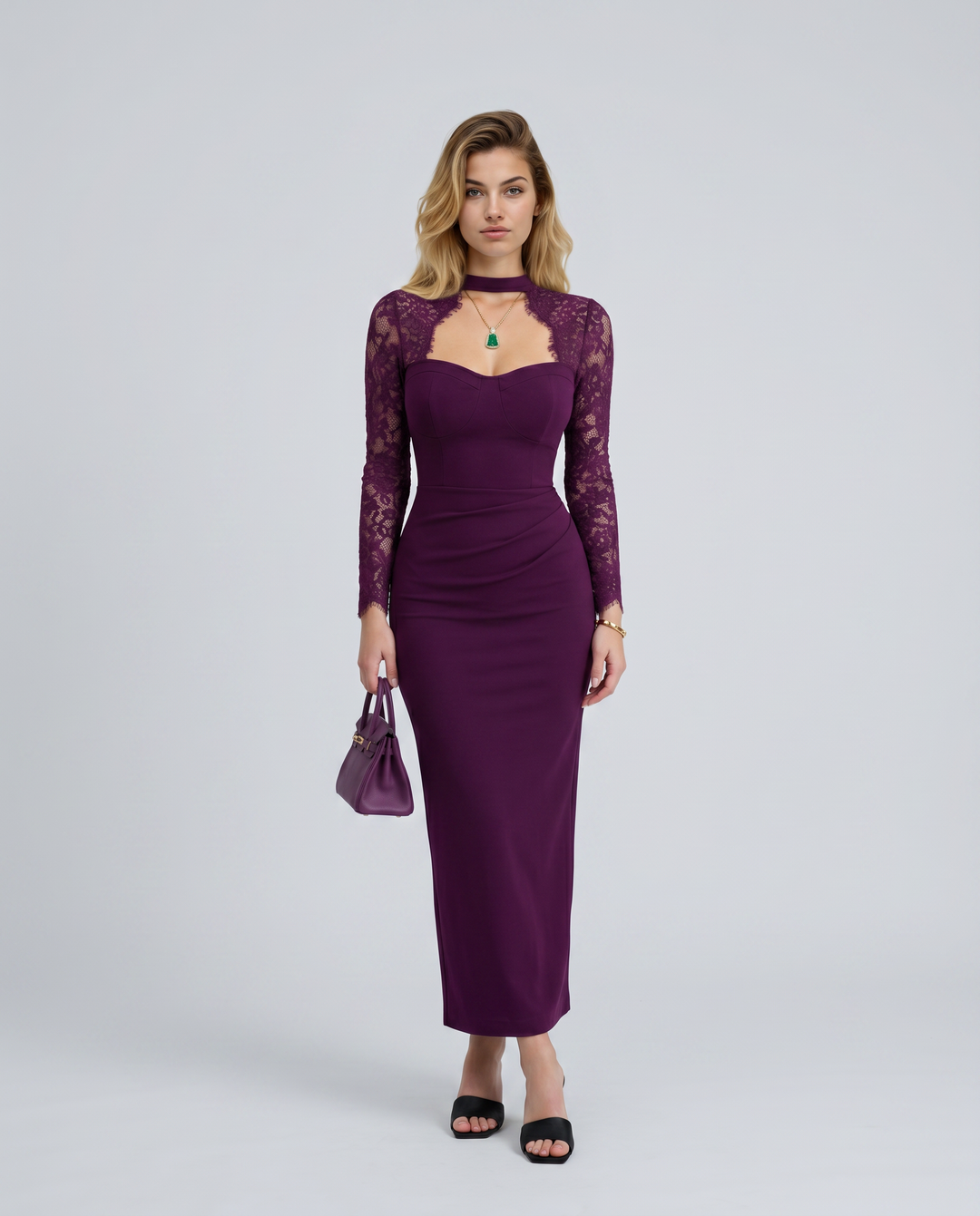 Serena | Plum Lace Sleeve Maxi Dress