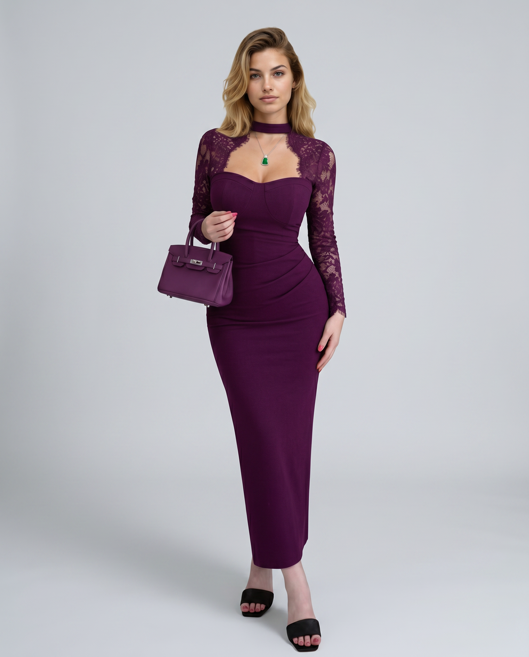 Serena | Plum Lace Sleeve Maxi Dress