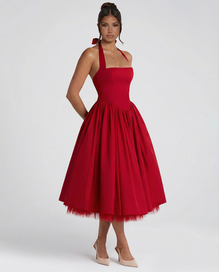 Lena | Midi Halter Neck Lace-Up Back Dress
