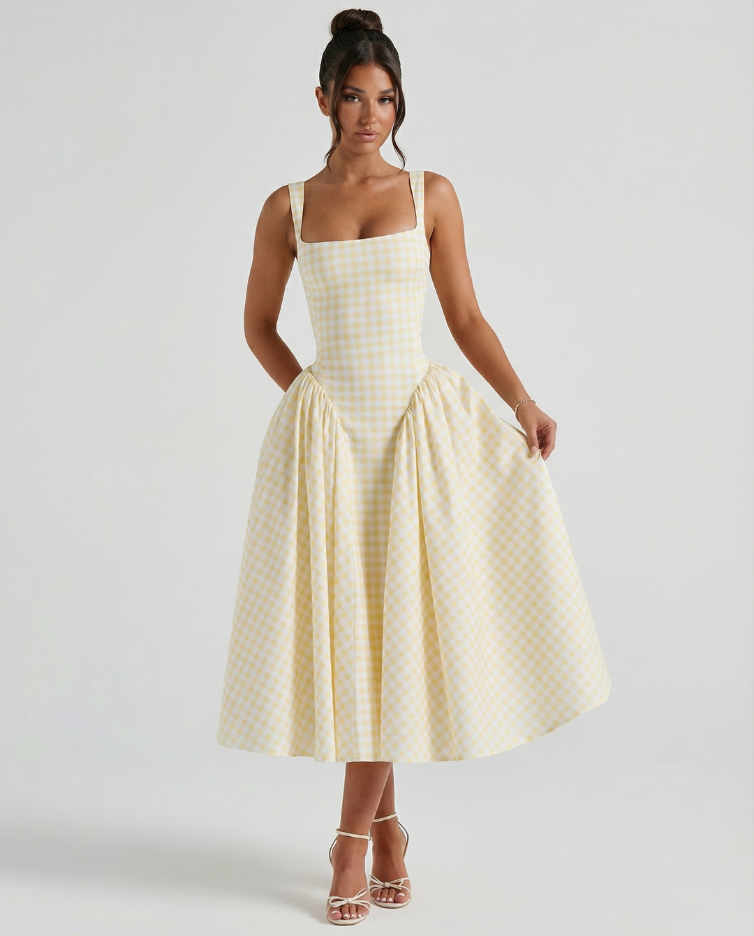 Francesca | Midi Dress with Gingham Corset and Square Neck