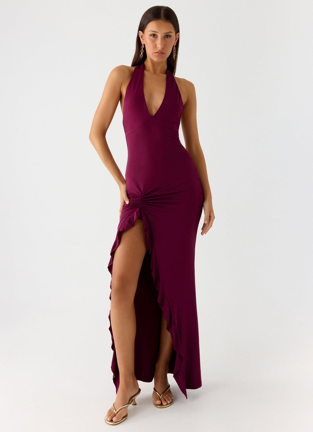 Alberta | V Neck Ruffles High Thigh Slit Maxi Dress