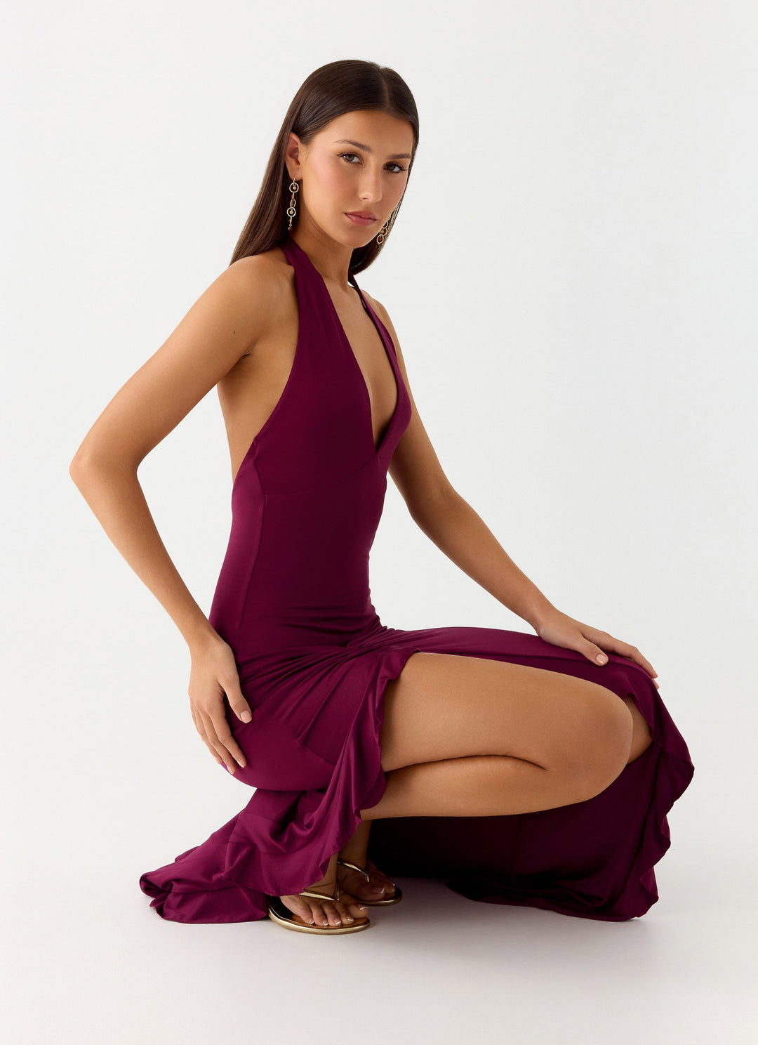 Alberta | V Neck Ruffles High Thigh Slit Maxi Dress