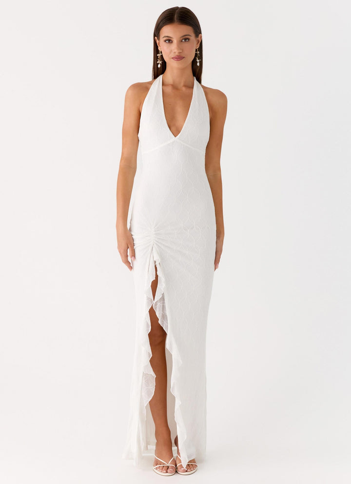 Alberta | V Neck Ruffles High Thigh Slit Maxi Dress
