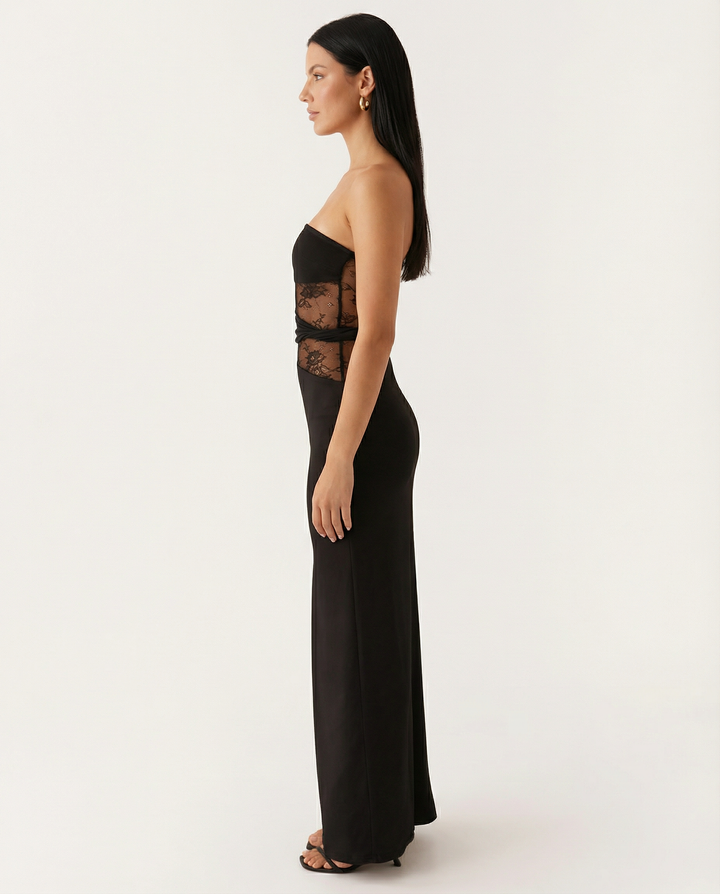Tonia | Strapless Maxi Dress with Lace Panel and Side Slit