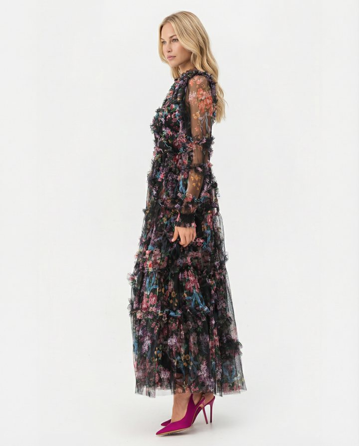 Vickie | Maxi Dress with Floral Ruffle Layers
