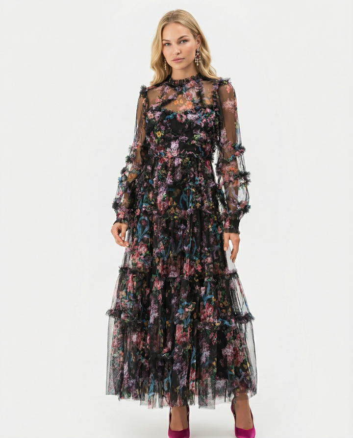 Vickie | Maxi Dress with Floral Ruffle Layers