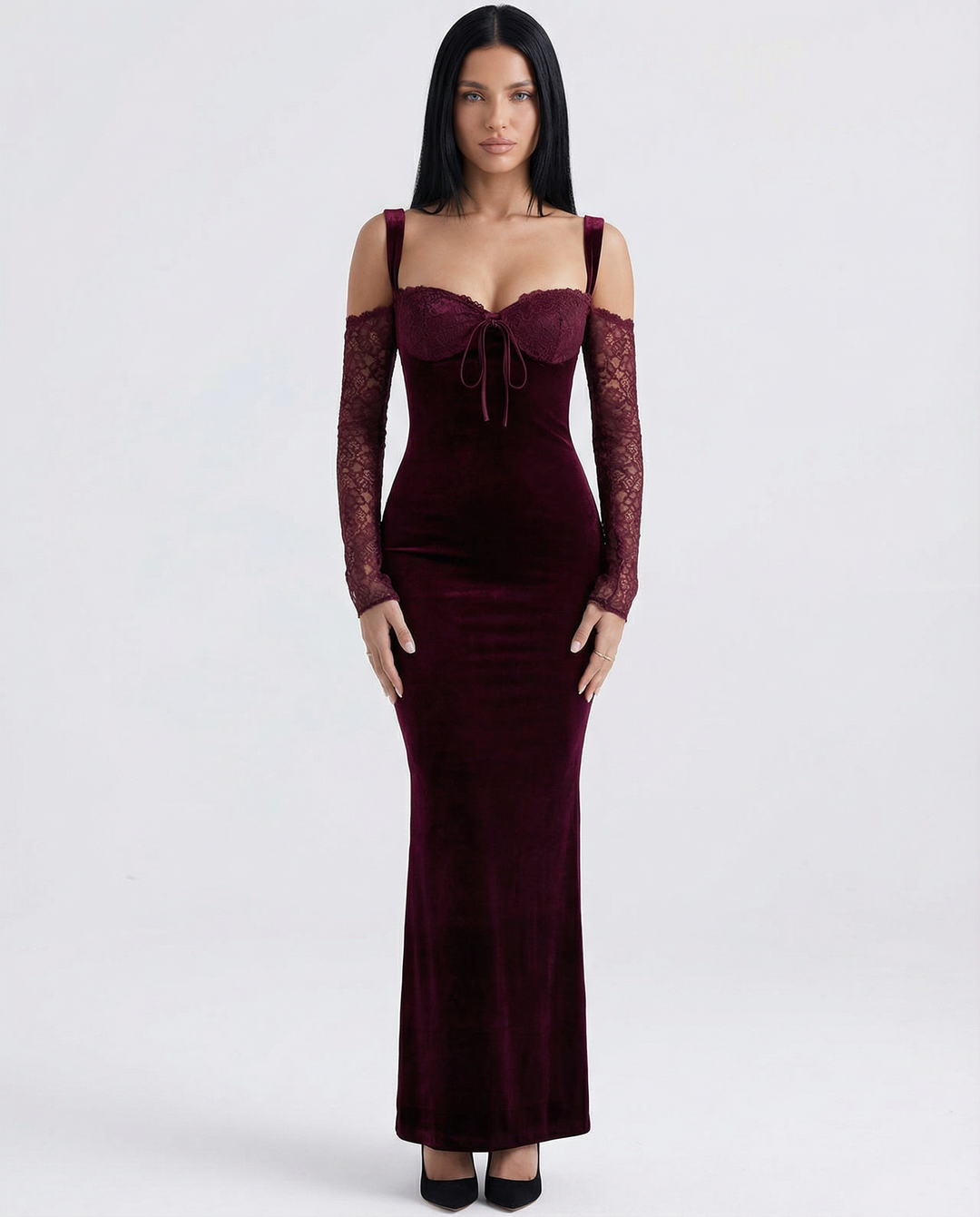 Wanda | Velvet Lace Sleeve Maxi Dress