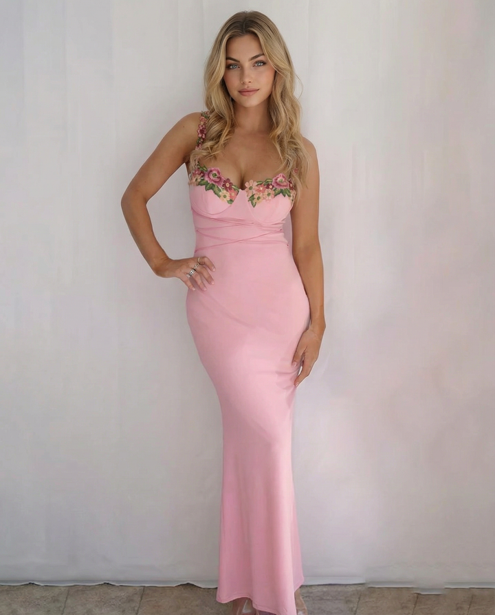 Krista | Bodycon Maxi Dress with Floral Strap Detail