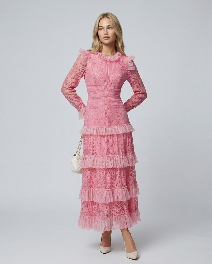Rebekah | Lace Maxi Dress with Long Sleeves and Tiered Ruffles
