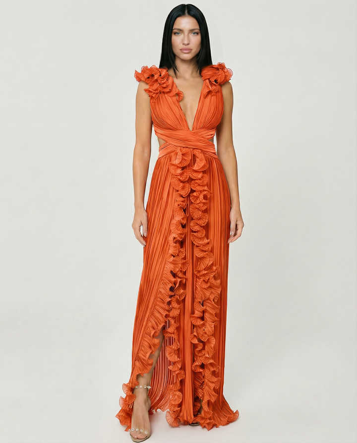 Taylor | Pleated V-Neck Maxi Dress with Cut-Out and Front Split