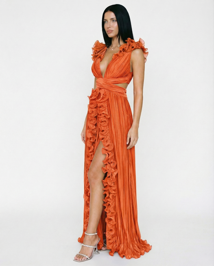 Taylor | Pleated V-Neck Maxi Dress with Cut-Out and Front Split